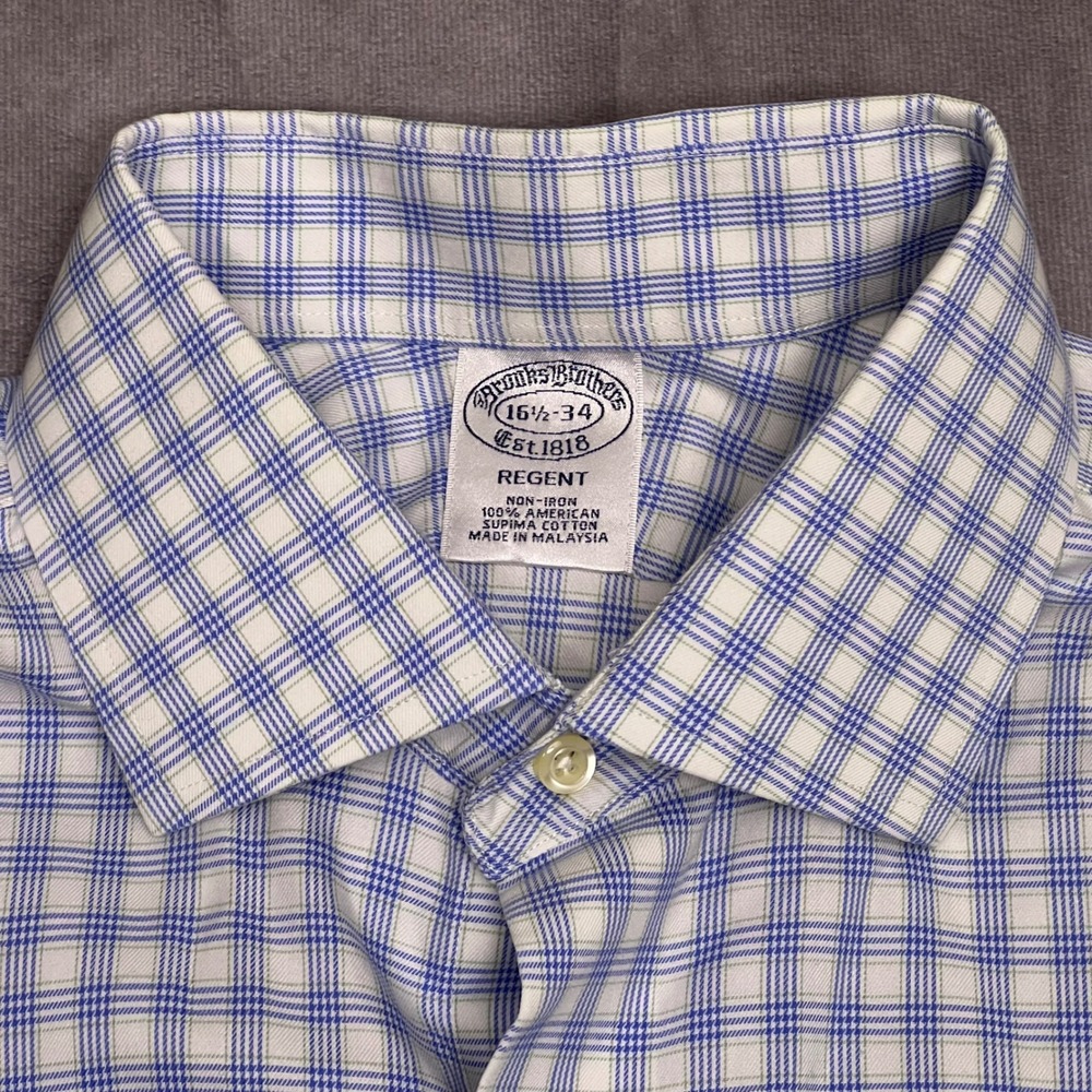 Brooks Brothers Shirt Mens 16.5 34 Blue Regent Non-Iron Supima Cotton Excellent